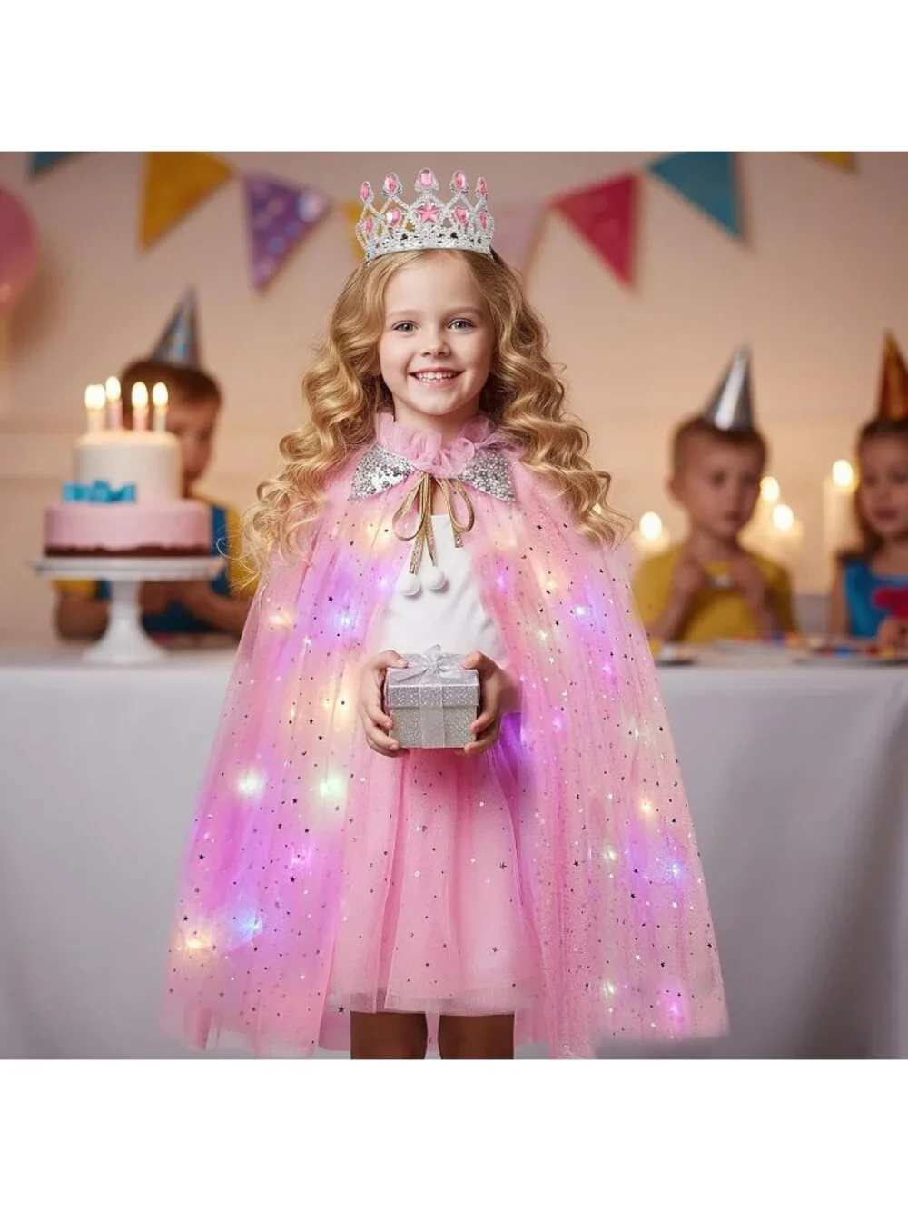 Princess Dress Up Cape with Crown & Tutu Costume Set for Girls Ages 3-8-R Pink